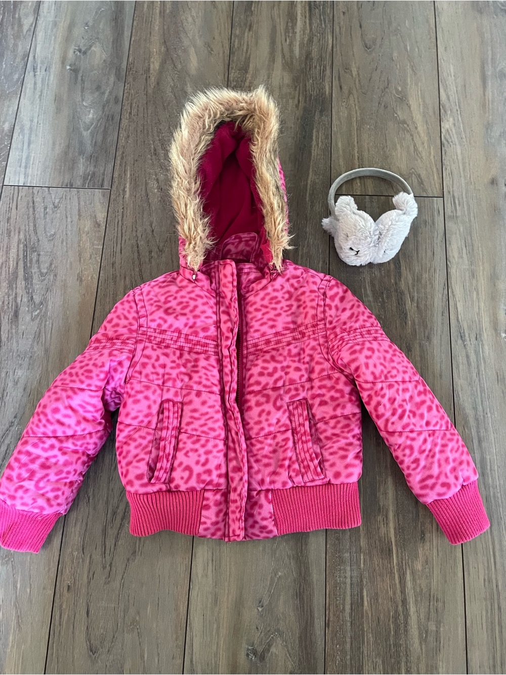 Dollhouse Hot Pink Leopard Print Faux-Fur Hooded Puffer Jacket girls size 5-6 yr
